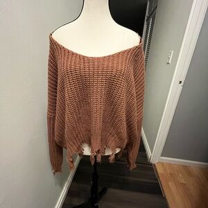Miracle Off-the-Shoulder Frayed Sweater - Brown